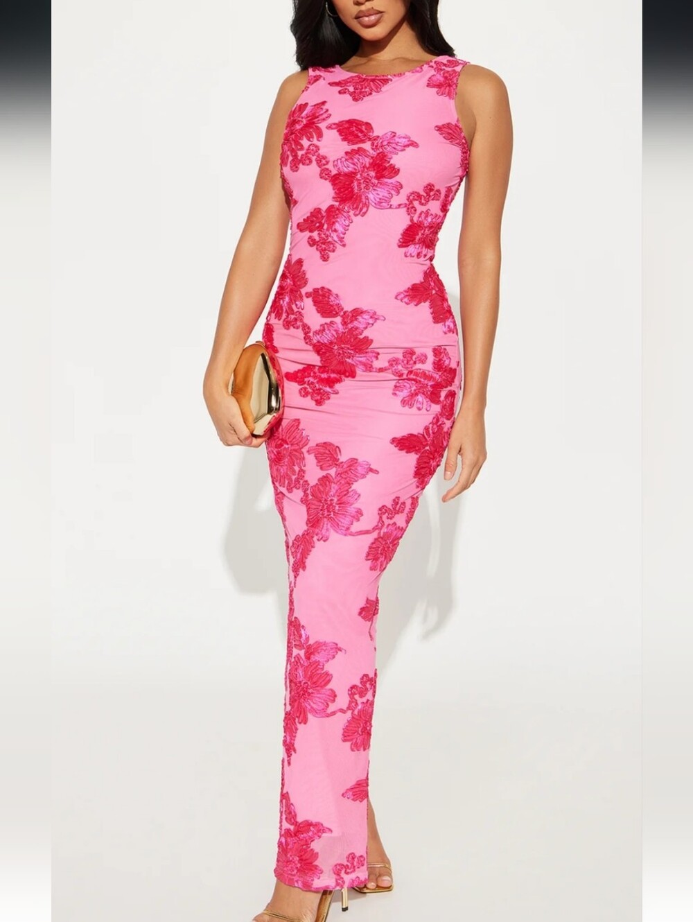 Embroidered Floral Mesh Maxi Dress